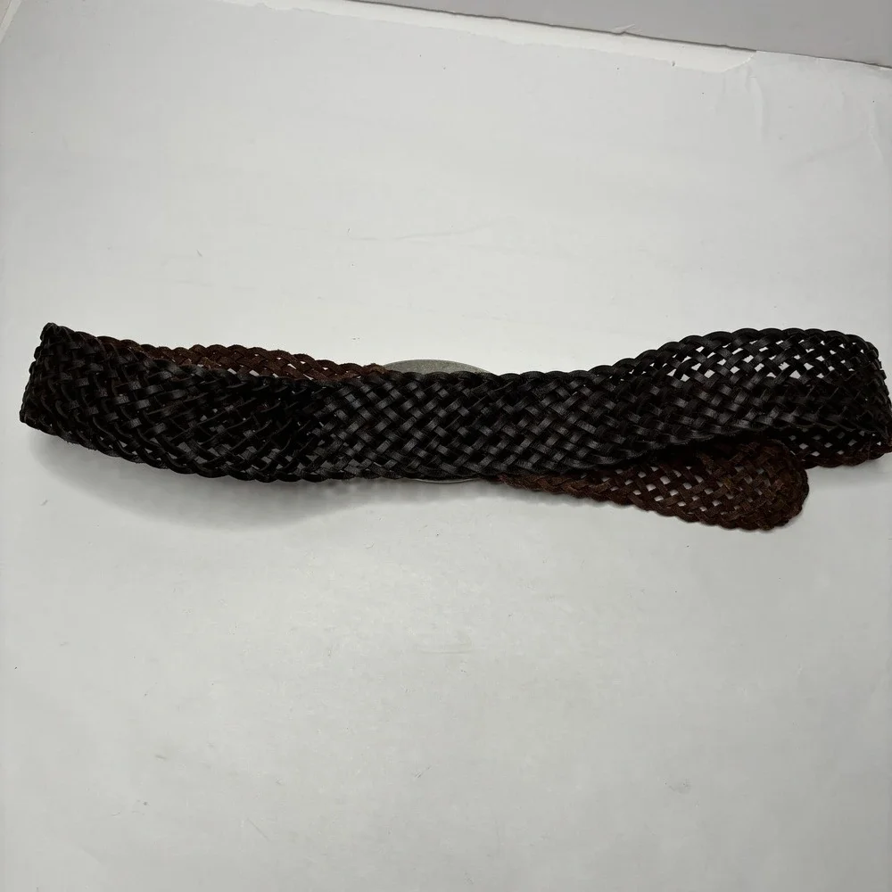 Chicos Brown Woven Leather‎ Belt Womens Oval Beaded Buckle Boho Coastal Cowgirl